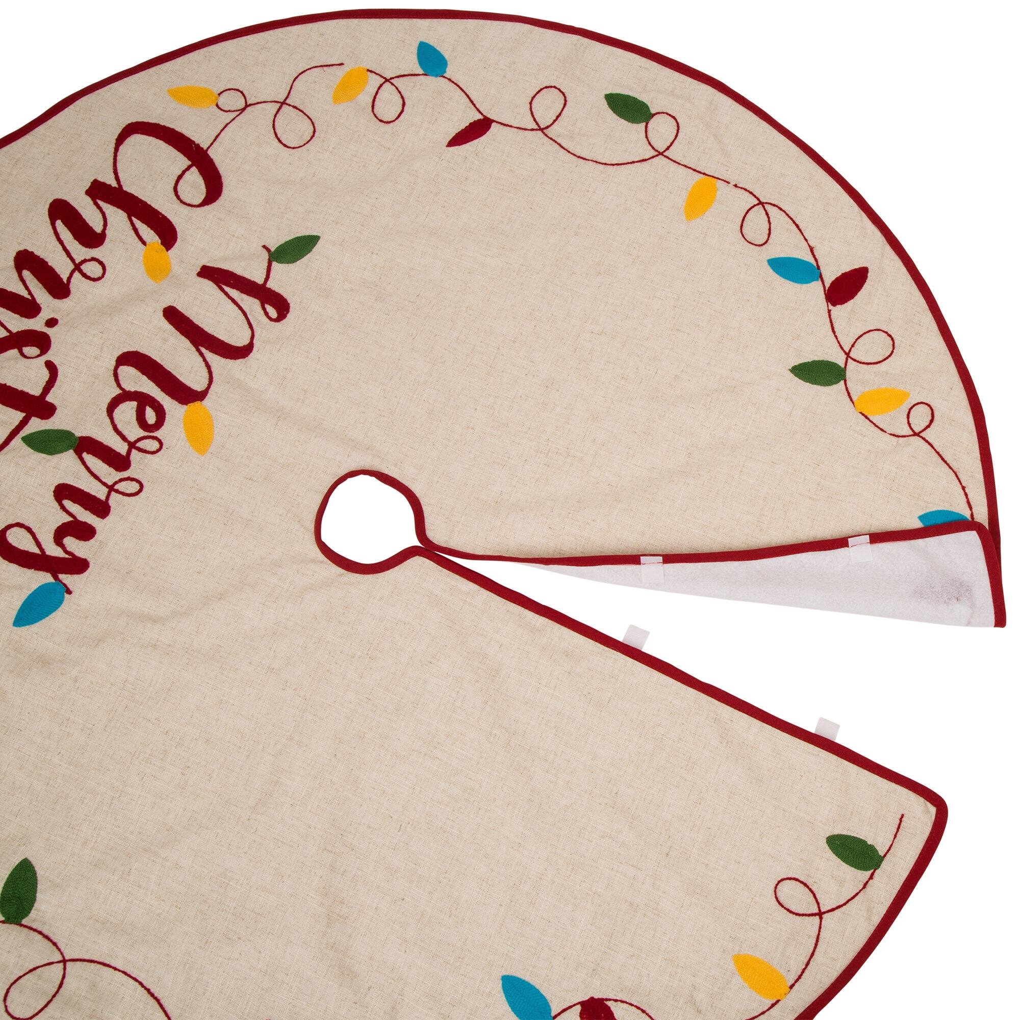 Glitzhome® 48" LED Embroidered Merry Christmas Linen Christmas Tree Skirt